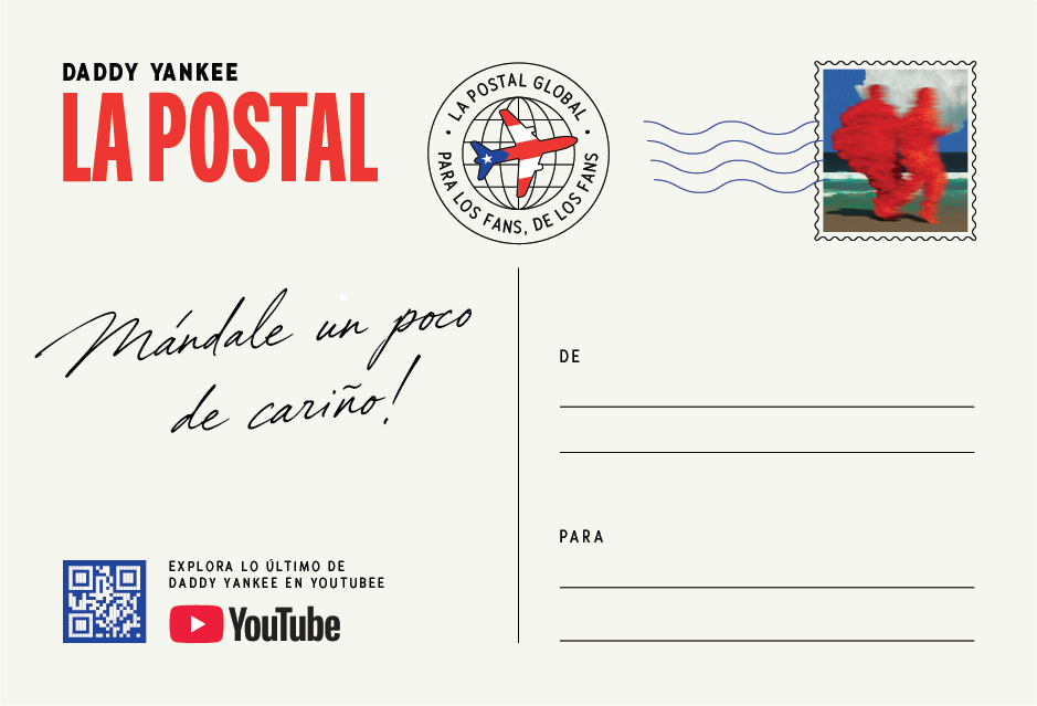 La Postal postcard with Daddy Yankee artwork, global postmark, Mándale un poco de cariño lettering, address lines, and YouTube QR code